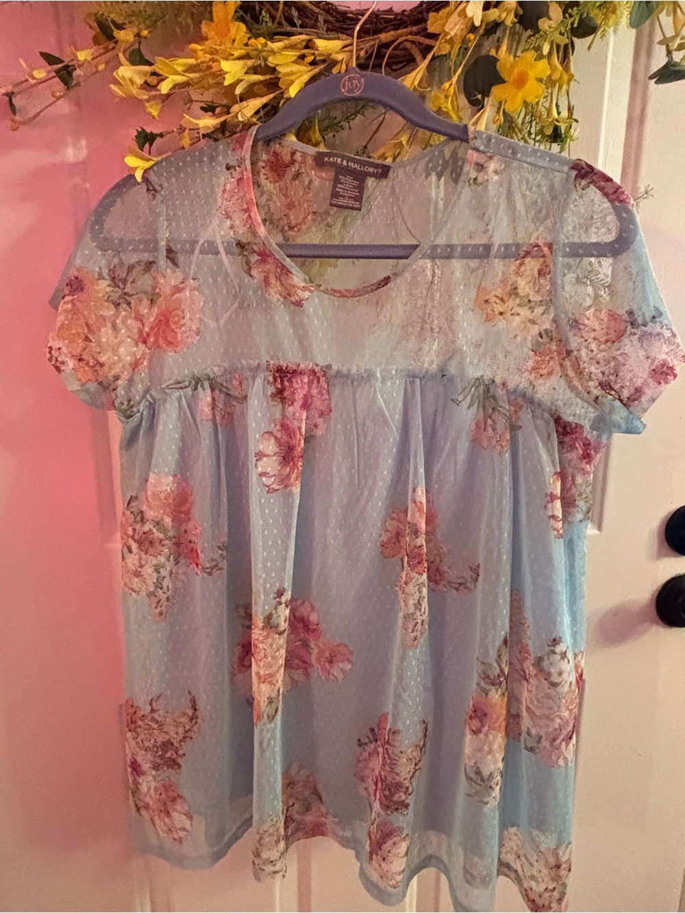 Kate & Mallory Light Blue Floral Short Sleeve Babydoll Tunic